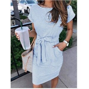 NWOT Merokeety Blue Striped Tie Waist T-Shirt Dress XL Short Sleeve Pockets